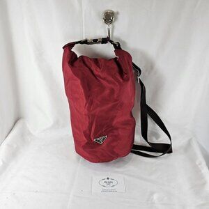 PRADA Tessuto Hobo Bag Red Metal Buckle Tech Roll Top